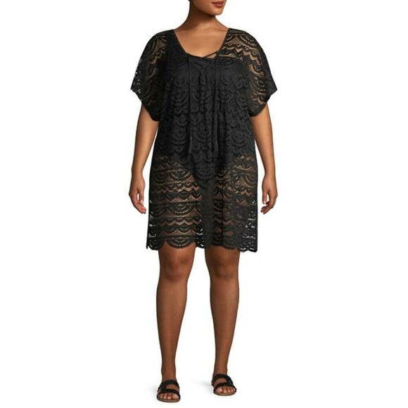 Black Short Sleeve Lace Crochet Pullover Swim Coverup Size XL - Picture 1 of 9